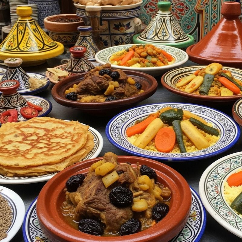 Table marocaine avec tajines, couscous et crêpes